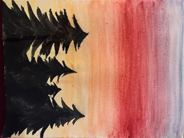 Trees on sunset, first try, watercolor