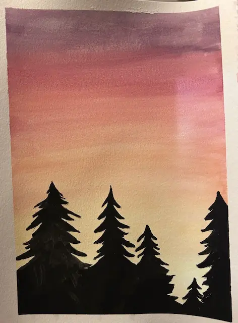 Trees on sunset, second try, watercolor