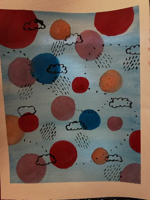Abstract with circles and clouds, watercolor