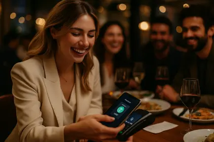 Young woman in a cream blazer makes a contactless payment with her smartphone via a crypto card wallet using USDT at an upscale restaurant with friends.