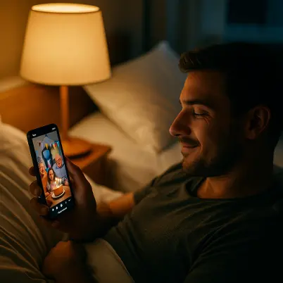 Young man lying in bed smiles at his phone during a video call that shows his family gathered around a birthday cake under warm bedside light.