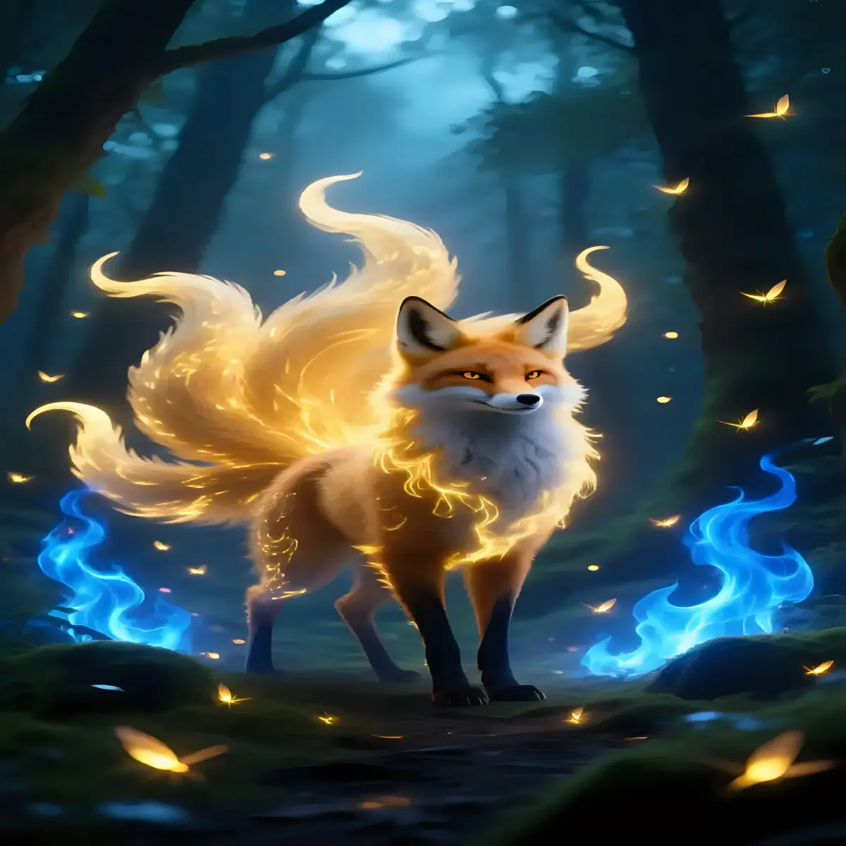 AI Art A mystical nine-tailed fox spirit with glowing golden fur and blue flaming tails, standing in an enchanted forest surrounded by fireflies.