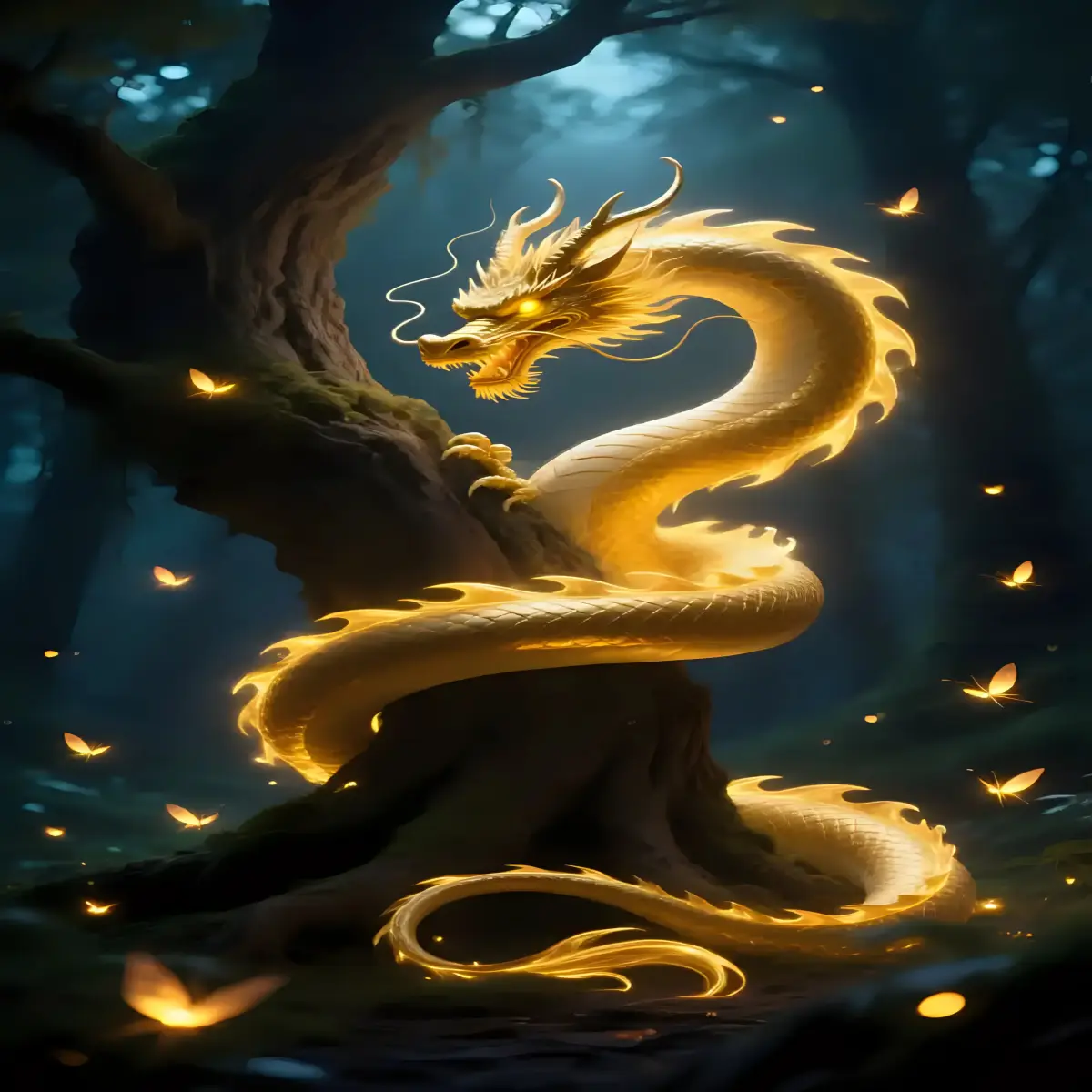 AI Art A mys tical golden light dragon coiled around an ancient enchanted tree, glowing with magical aura and surrounded by fireflies in a dark forest.