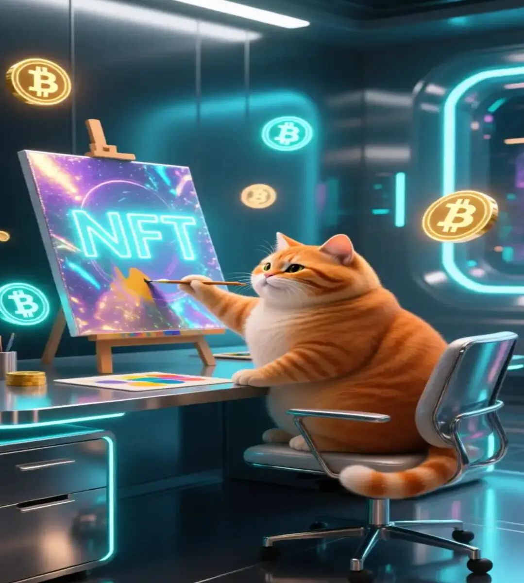 Chubby orange cat painting a glowing NFT artwork on a holographic canvas in a futuristic digital studio, surrounded by floating blockchain symbols and neon lights, cinematic lighting, fantasy and crypto art style, ultra-detailed 4K AI digital painting.”