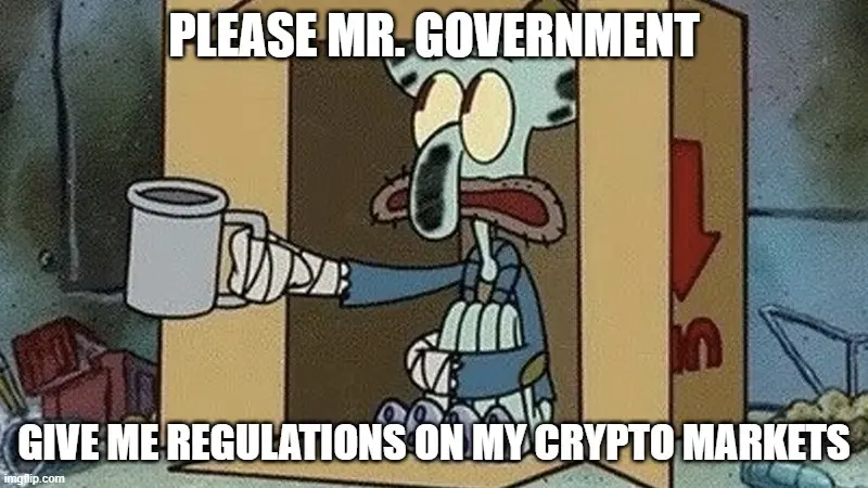 Squidward in a cardboard box, disheveled and holding out a cup begging. Text reads,