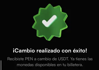 Confirmación de cambio exitoso de USDT a soles en Lemon Cash desde app móvil