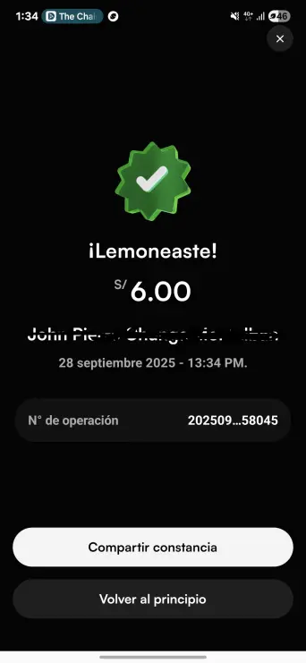 Pago con tarjeta cripto Lemon Cash por 6 soles en Perú a comerciante local