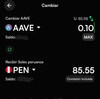 Conversión de AAVE a soles peruanos (PEN) usando Lemon Cash con comisión incluida