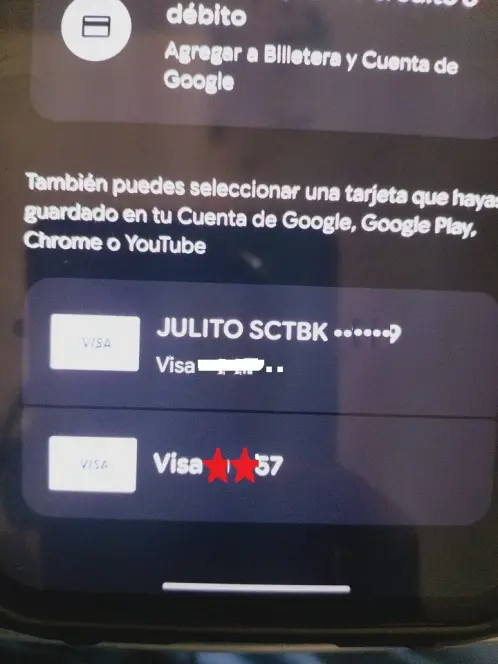 Google Wallet screen showing saved Visa cards to select or the option to add a new card