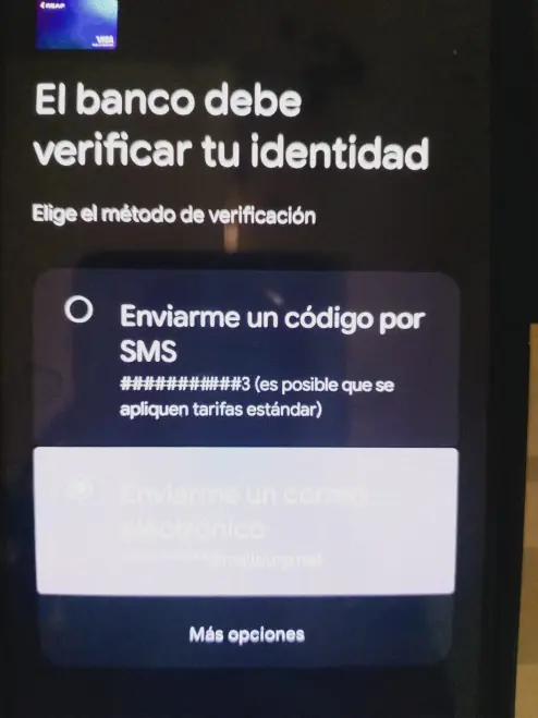 Bank verification screen in Google Pay offering SMS code to verify identity and finish adding the card