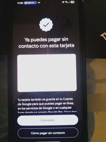 Google Wallet confirmation screen stating the card is ready for contactless payments