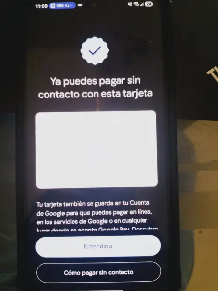 Google Wallet confirmation screen stating the card is ready for contactless payments