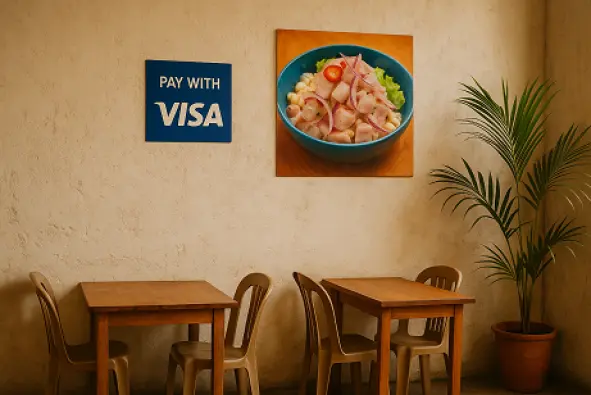 Interior of a small cevicheria with a Pay with Visa sign, a ceviche poster, wooden tables and chairs, and a palm plant