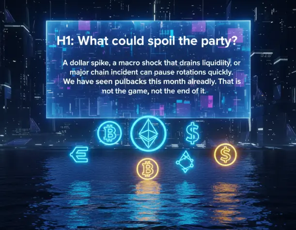 Card summarizing risks to rotations: dollar spike, liquidity shocks, or major chain incidents with crypto icons