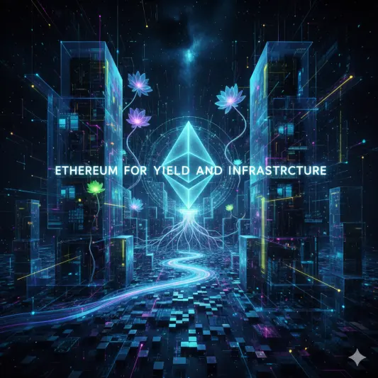 Ethereum logo powering a futuristic city with branching rollups, symbolizing yield and core infrastructure.
