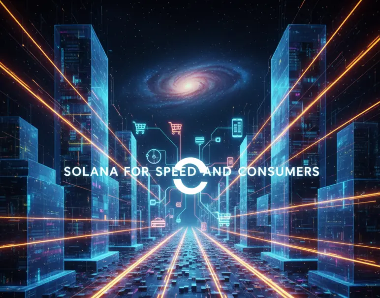 Futuristic fast lanes with retail and payments icons, highlighting Solana’s speed for everyday consumer apps.