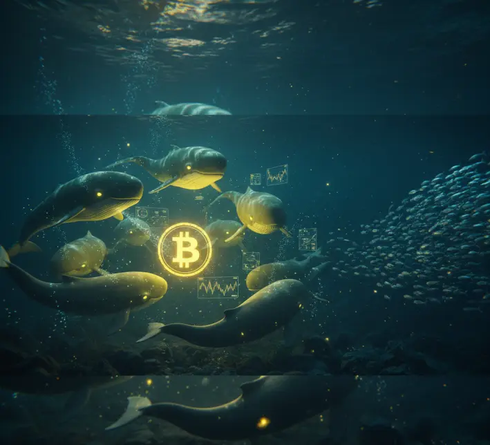 Underwater whales circling a glowing Bitcoin, representing accumulation and capital rotation across cycles.