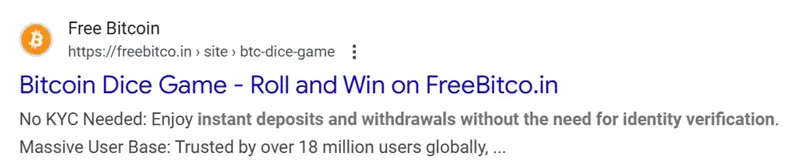 Google result showing FreeBitco.in claiming ‘No KYC Needed,’ though KYC has been required since 2023.