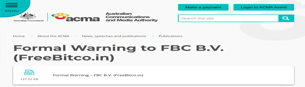 The Australian Communications and Media Authority website showing a formal warning issued to FBC B.V. (FreeBitco.in)