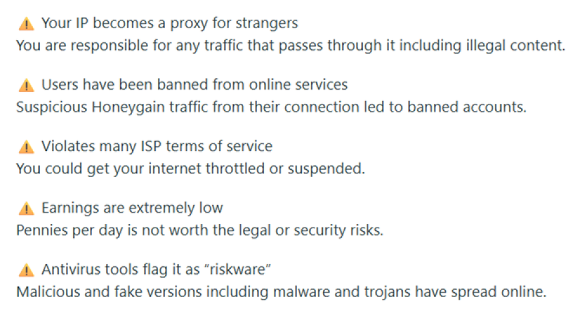Honeygain warning list from r/PennyPay showing risks like IP misuse, bans, ISP violations, low earnings, and malware flags.
