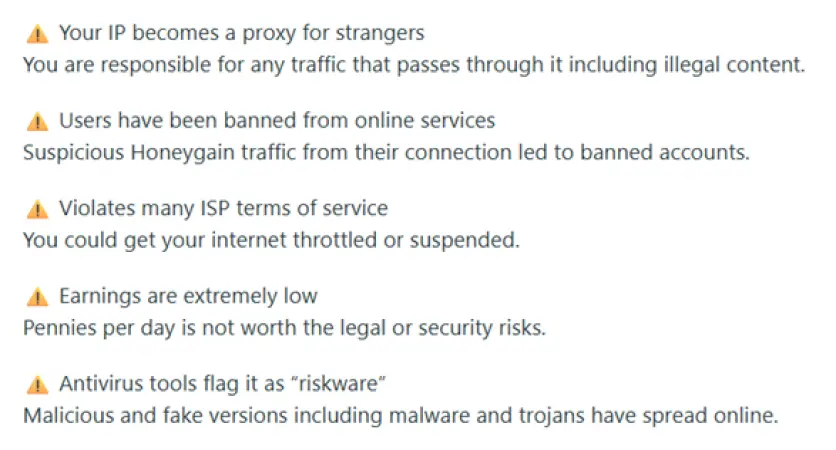 Honeygain warning list from r/PennyPay showing risks like IP misuse, bans, ISP violations, low earnings, and malware flags.