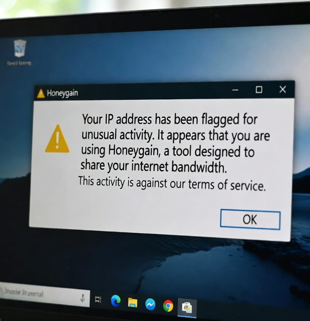 Warning popup on laptop screen showing IP address flagged for using Honeygain bandwidth sharing tool, risking service bans and terms violations. (Illustrative, not real alert)