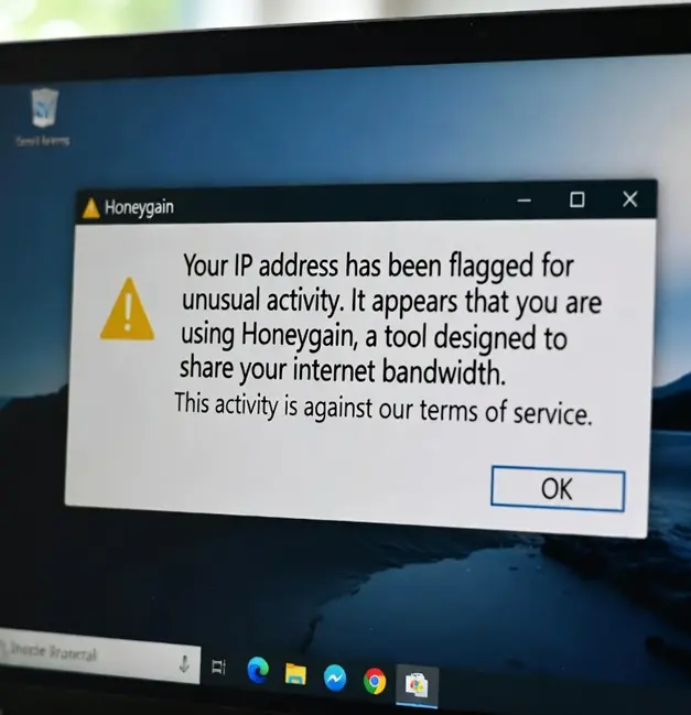 Warning popup on laptop screen showing IP address flagged for using Honeygain bandwidth sharing tool, risking service bans and terms violations. (Illustrative, not real alert)