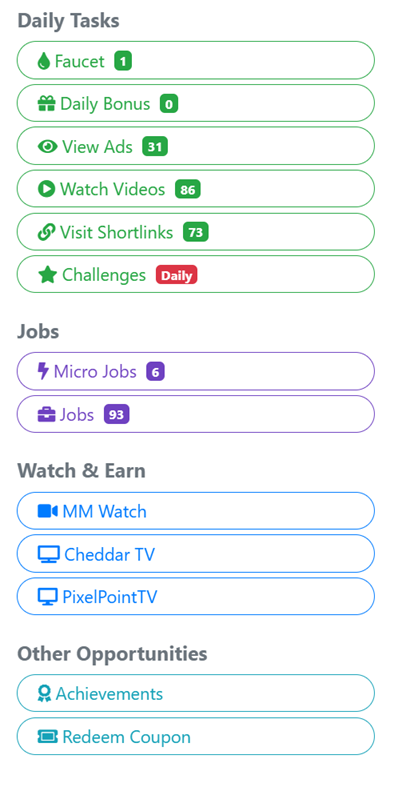 Screenshot of EarnBitMoon (earnbitmoon.club) faucet site's Ways to Earn dashboard: daily tasks, jobs, watch-and-earn videos, achievements, and coupons for free crypto rewards.