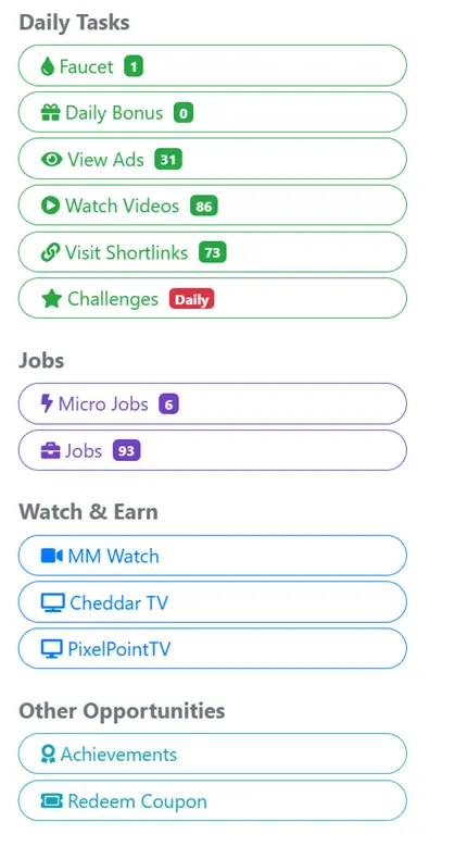 Screenshot of EarnBitMoon (earnbitmoon.club) faucet site's Ways to Earn dashboard: daily tasks, jobs, watch-and-earn videos, achievements, and coupons for free crypto rewards.