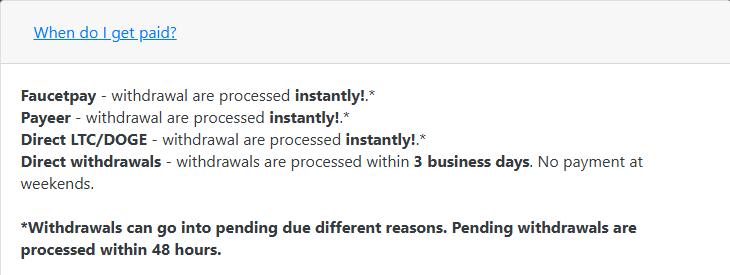 EarnBitMoon faucet payment schedule showing instant withdrawals for Faucetpay and Payeer (temporarily), direct LTC/DOGE within 3 business days.