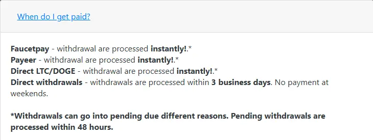 EarnBitMoon faucet payment schedule showing instant withdrawals for Faucetpay and Payeer (temporarily), direct LTC/DOGE within 3 business days.