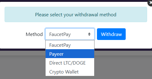 EarnBitMoon withdrawal options dropdown showing FaucetPay, Payeer (temporary availability), Direct LTC/DOGE, and Crypto Wallet methods