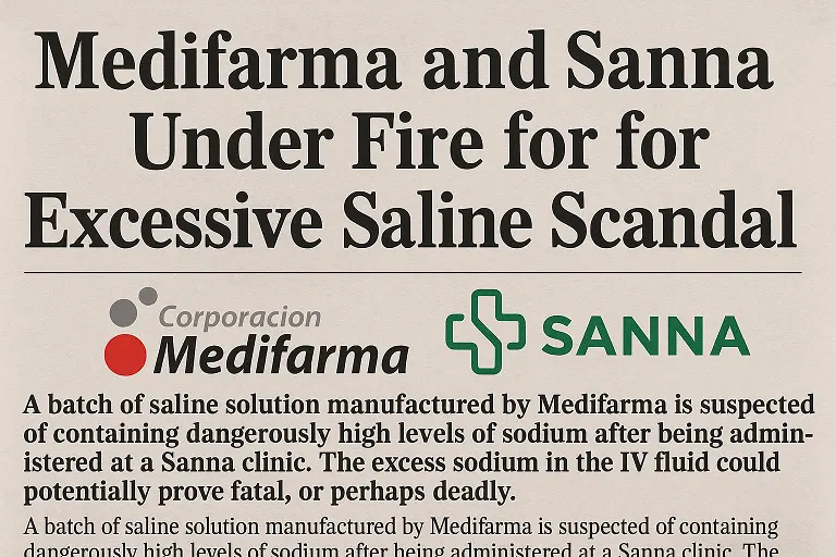 Newspaper-style headline about Peru investigating Medifarma saline batch at a Sanna clinic, showing the official Medifarma and SANNA logos