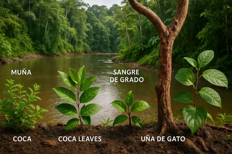 Peru’s Amazon natural pharmacy. Muña for digestion, coca leaves for energy and altitude, sangre de grado resin for skin and wound care, and uña de gato as an anti inflammatory. A realistic rainforest river scene highlighting traditional Peruvian medicine.
