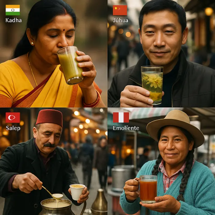 Realistic collage of four medicinal street drinks: Kadha from India, Júhua chrysanthemum tea from China, Salep from Turkey, and Peruvian emoliente, each with country flag and typical vendor