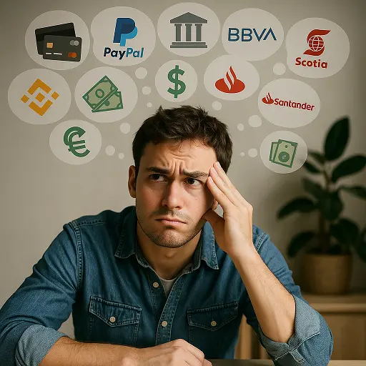 Young Peruvian freelancer looking frustrated while choosing between crypto cards, PayPal, BBVA, Scotiabank, Santander, Binance, dollars and bank options