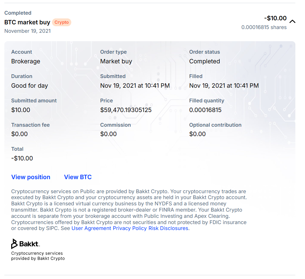 Screenshot of a completed $10 Bitcoin market buy order on Public.com using Bakkt Crypto, dated November 19, 2021.