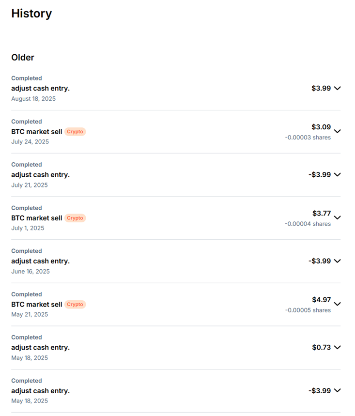 Screenshot of Public.com transaction history showing only one $3.99 fee refund out of multiple $3.99 deductions and small BTC market sells totaling around $13.44 in losses from May to August 2025 after policy change