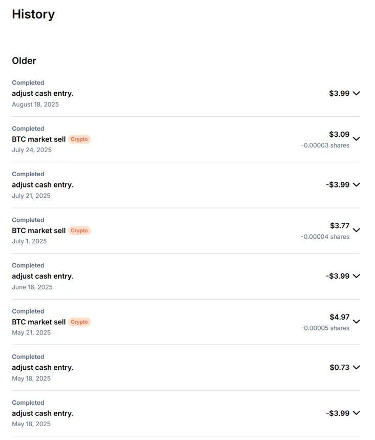 Screenshot of Public.com transaction history showing only one $3.99 fee refund out of multiple $3.99 deductions and small BTC market sells totaling around $13.44 in losses from May to August 2025 after policy change
