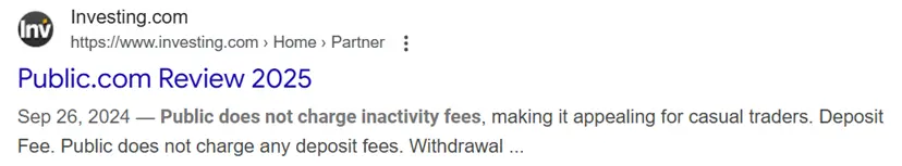 Screenshot of Investing.com review of Public.com, dated September 26, 2024, highlighting no inactivity fees