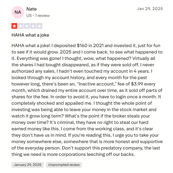 Screenshot of BBB complaint against Public.com dated January 29, 2025, alleging inactivity fees drained an $160 investment