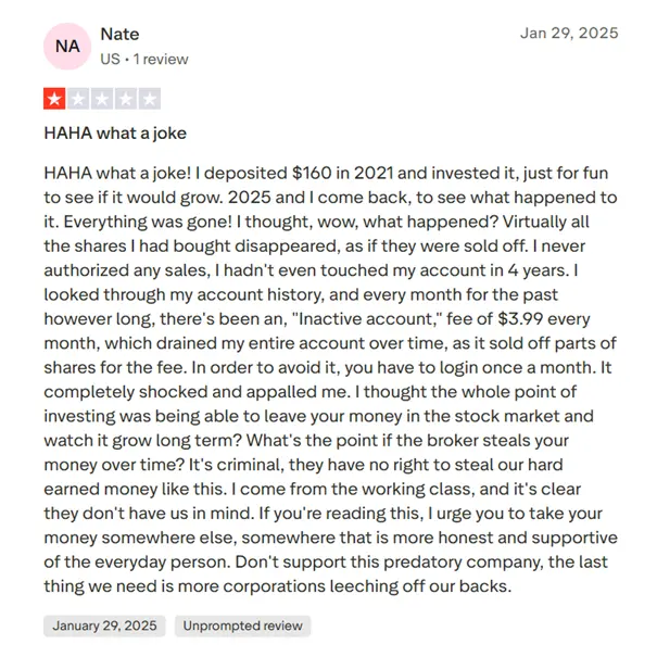 Screenshot of BBB complaint against Public.com dated January 29, 2025, alleging inactivity fees drained an $160 investment