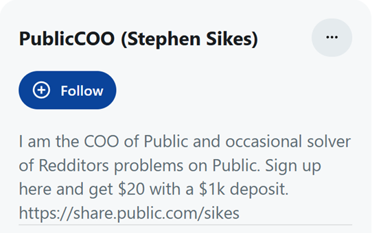 Public.com COO Stephen Sikes promoting referral link on Reddit.