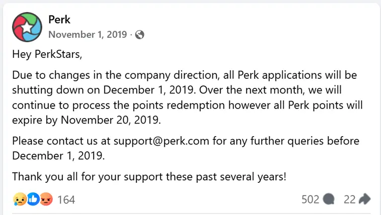 PerkTV shutdown notice from Facebook. Apps closed Dec 1, 2019. Points expired Nov 20, 2019.