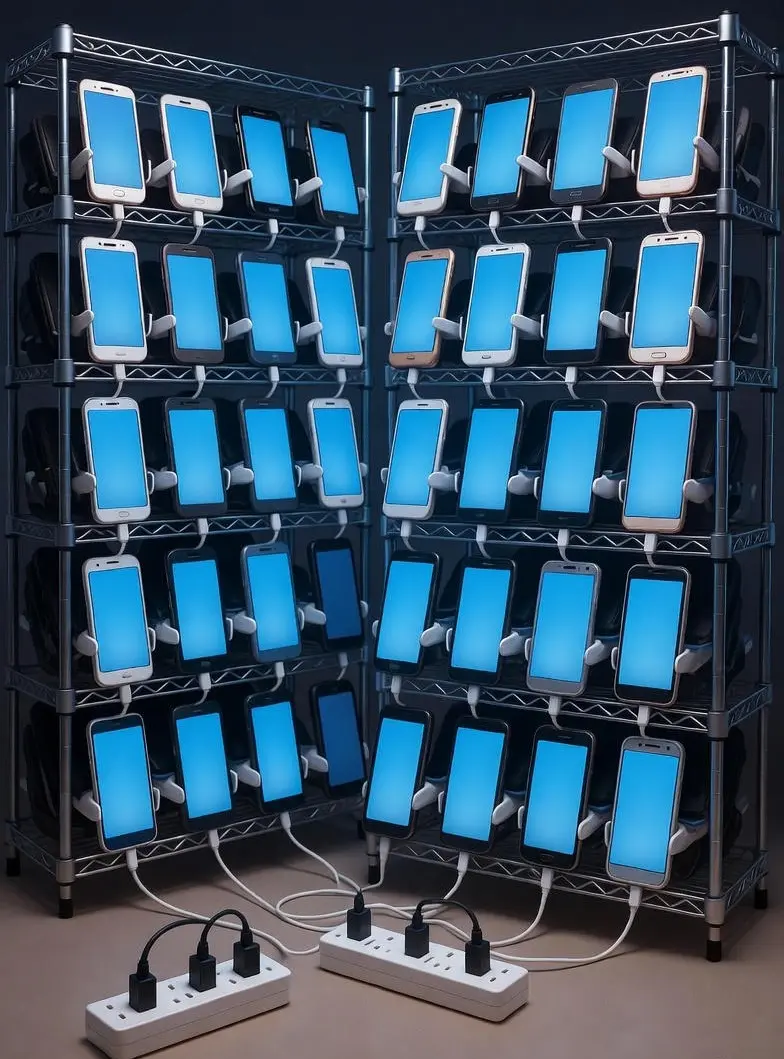 DIY phone farm: Android smartphones charging on metal wire racks with USB cables and power strips.
