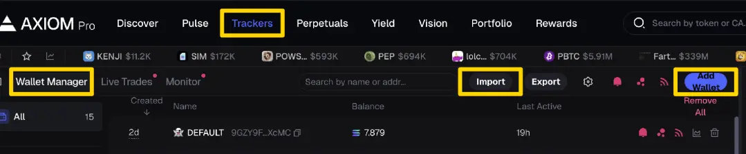 An image showing Axiom's Trackers / Wallet Tracker Manager page. Where traders can manually add or import wallets to monitor. The interface highlights the option to follow top traders, set alerts for buys or sells, and organize wallet data for smarter copy trading decisions.