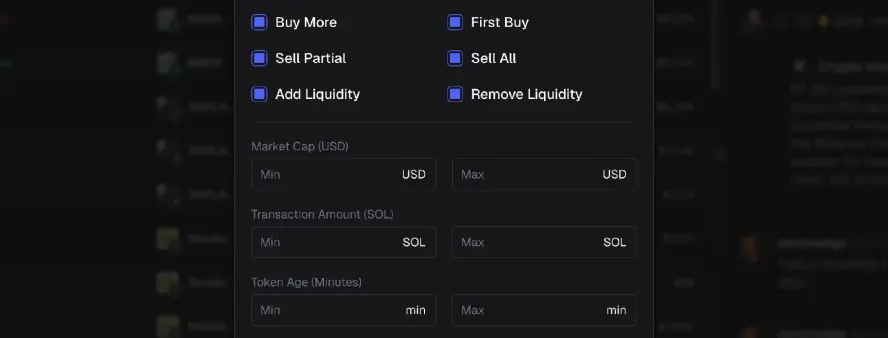 An image of Axiom's Live Trades Filters panel displaying key metrics including market cap, transaction amount and token age, etc. Each with adjustable minimum and maximum values. This layout helps traders refine search results and identify trades / tokens that fit specific trading risk levels.