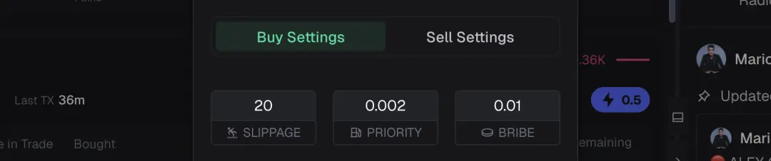 Display of Axiom's trading setup showing Slippage, Priority and Bribe Fee settings. These parameters demonstrate recommended configurations for faster entries, reduced failed transactions, and efficient trading performance during volatile launches.