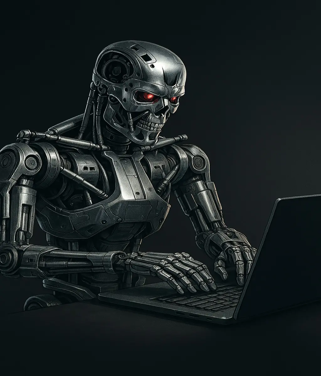 Terminator typing on a laptop