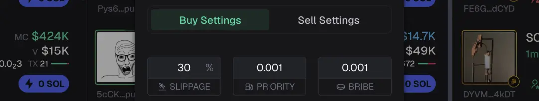 A detailed view of Axiom’s advanced trading settings on the Solana network. It shows preset options for buy settings such as; slippage tolerance, priority fees and bribe fees. These parameters allow traders to fine tune transaction speed and stability. By balancing execution cost with performance, when buying or selling tokens through manual or automated presets on the Pulse interface.